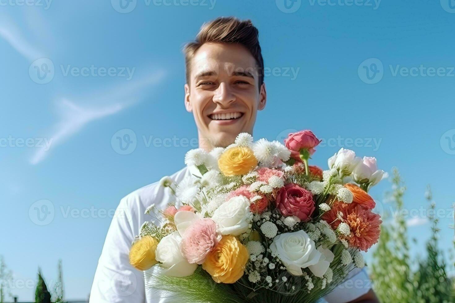 Young man with a bouquet of flowers on a background of blue sky. AI Generated. photo