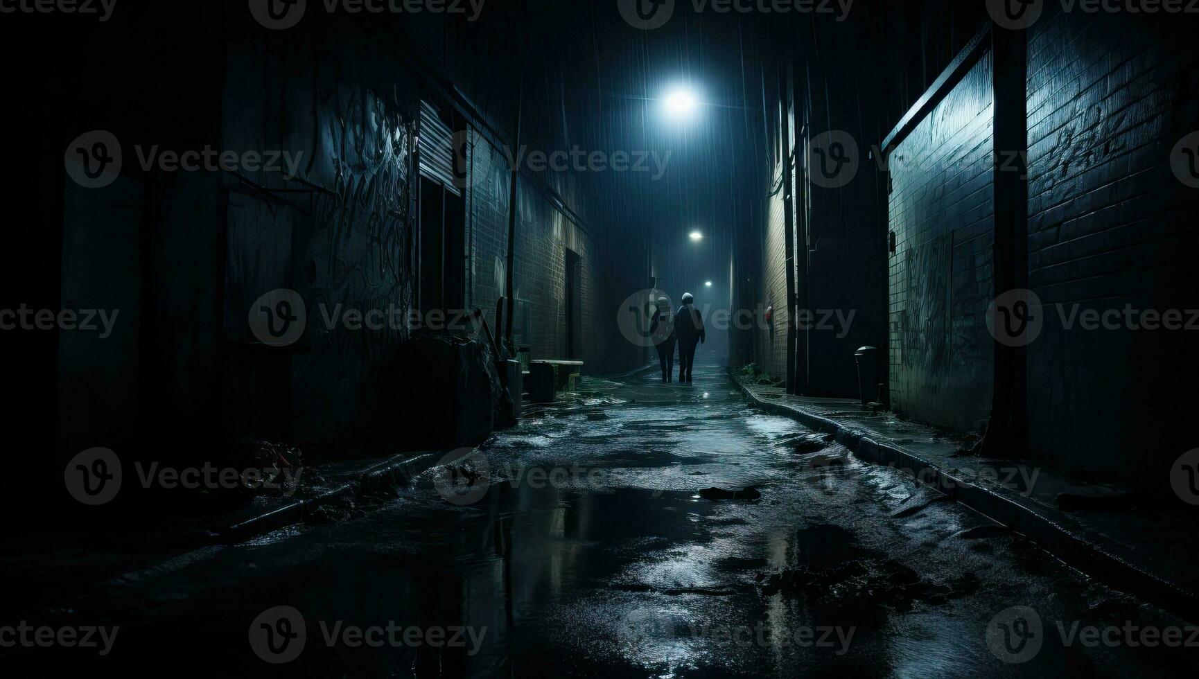 Man walking in a dark alley at night. Horror movie concept. Silhouette of a man walking in a dark alley at night. AI Generated. photo