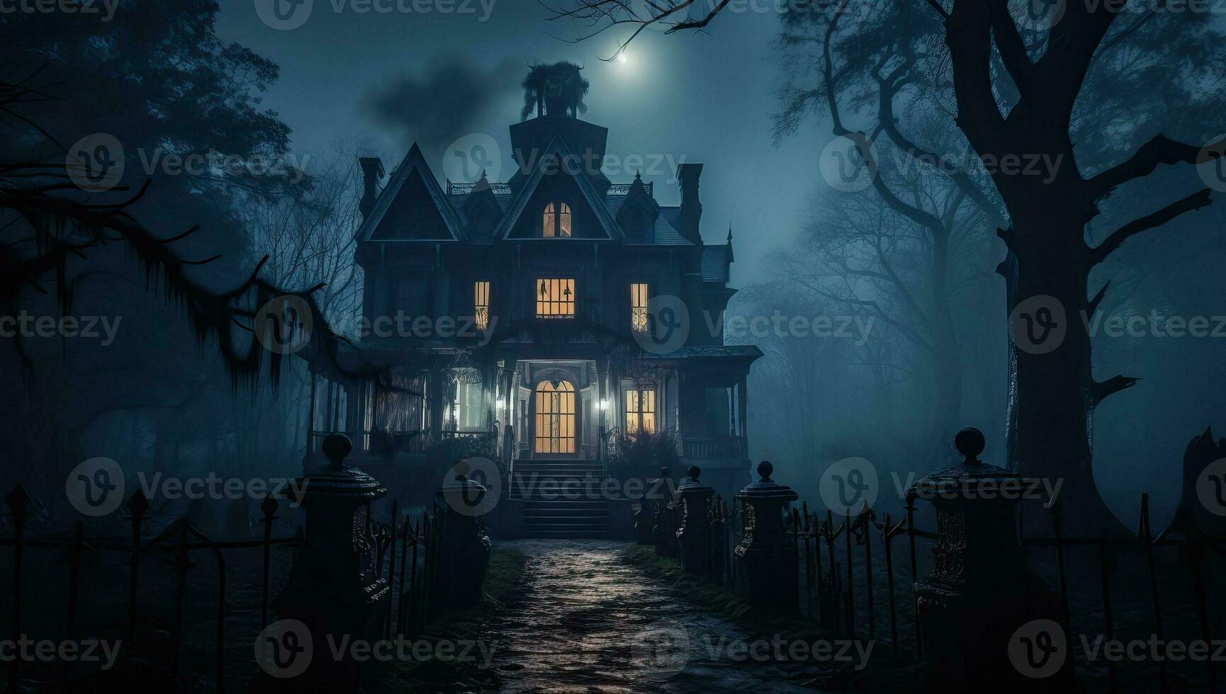 Halloween horror scene with scary old house at night. AI Generated. photo