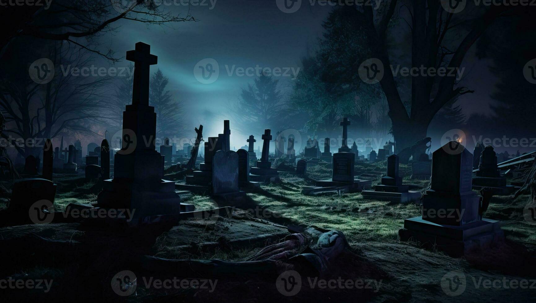 Gravestones in the cemetery at night. Halloween concept. AI Generated. photo