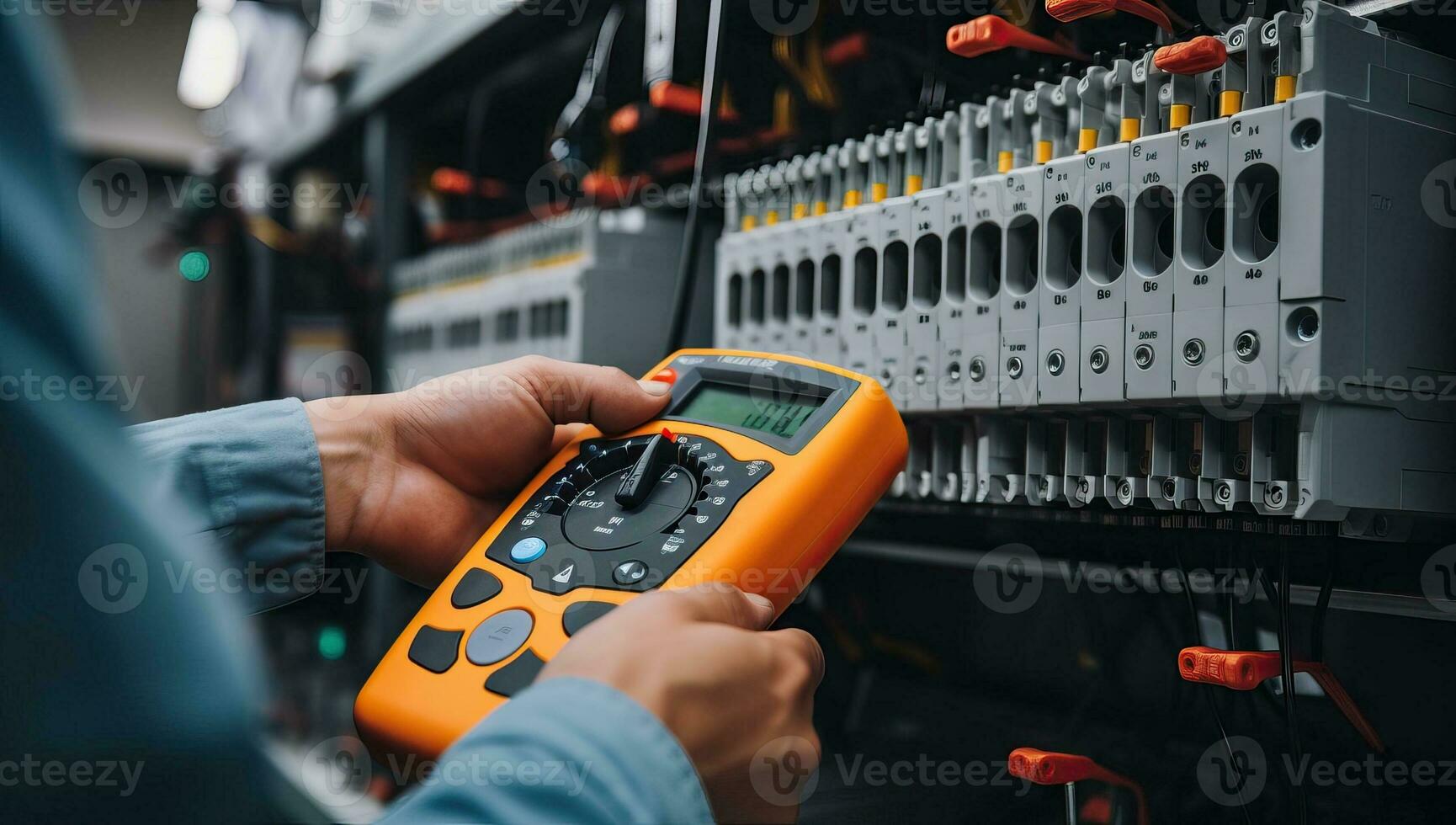 Close-up of hands of technician holding multimeter in server room. AI Generated. photo