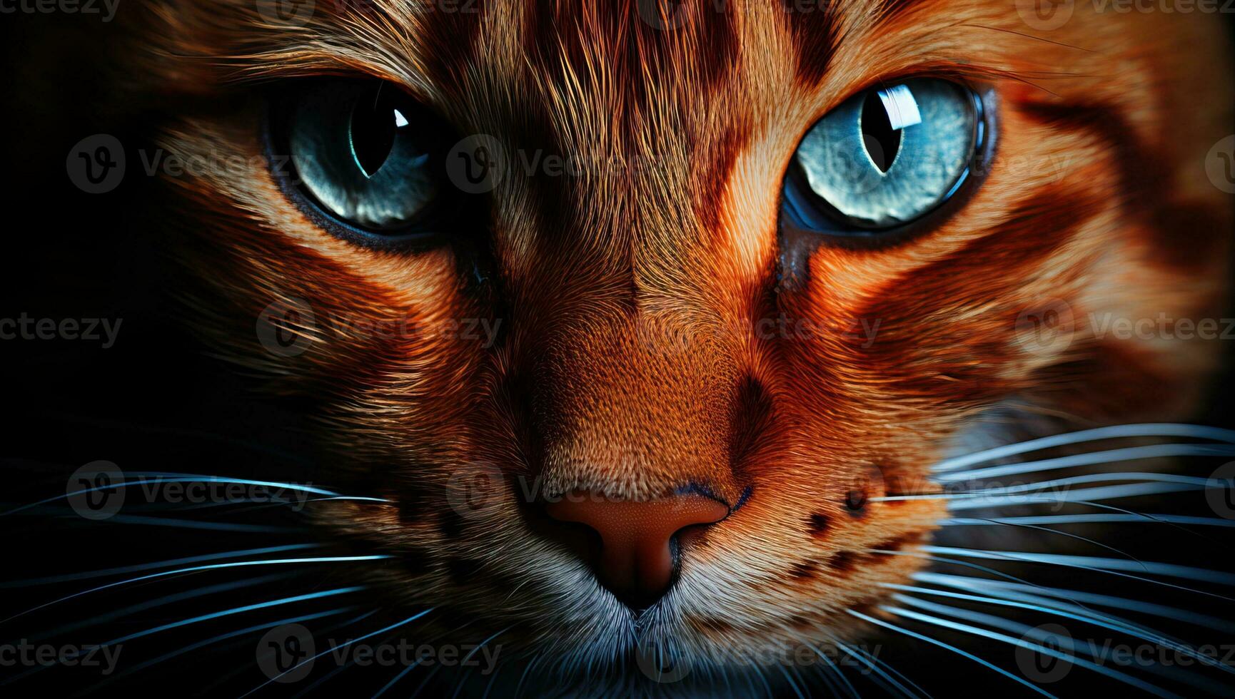 de cerca retrato de un rojo gato con azul ojos en un negro antecedentes. ai generado. foto