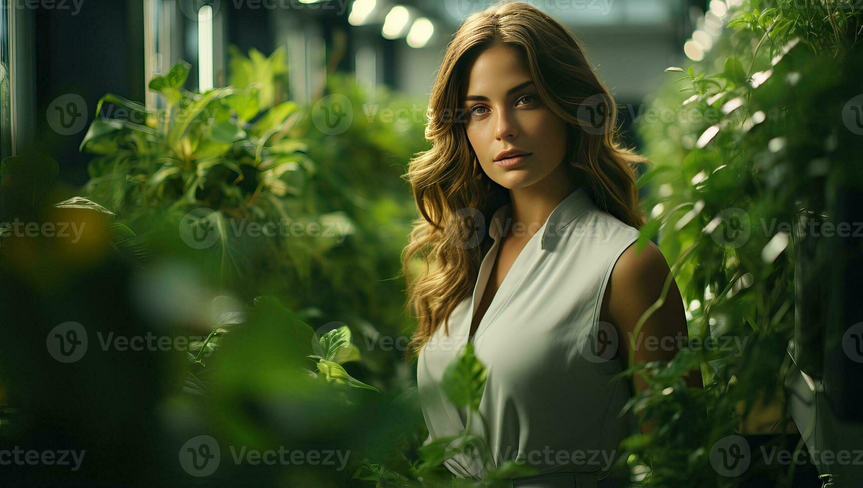 Beautiful young woman in a greenhouse. AI Generated. photo
