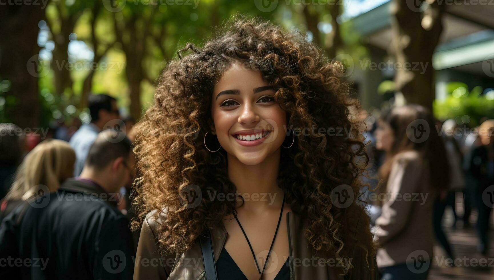Portrait of a beautiful young woman with curly hair in the street. AI Generated. photo