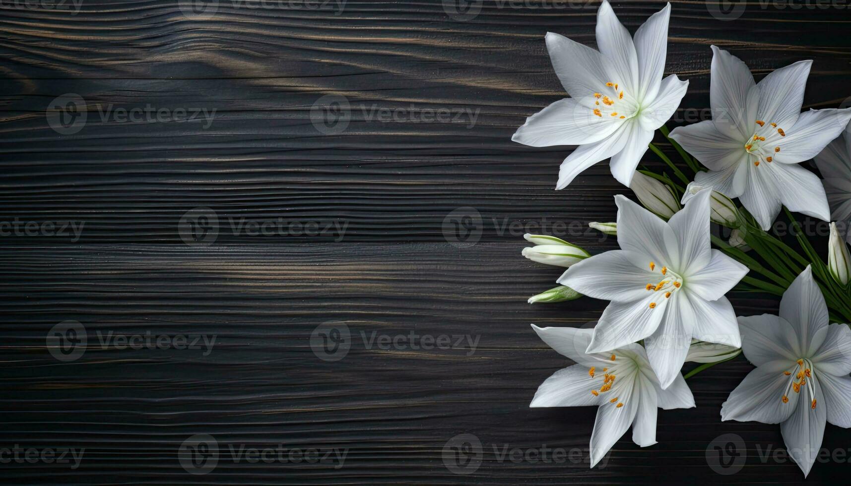 White lily flowers on wooden background. Top view with copy space. AI Generated. photo