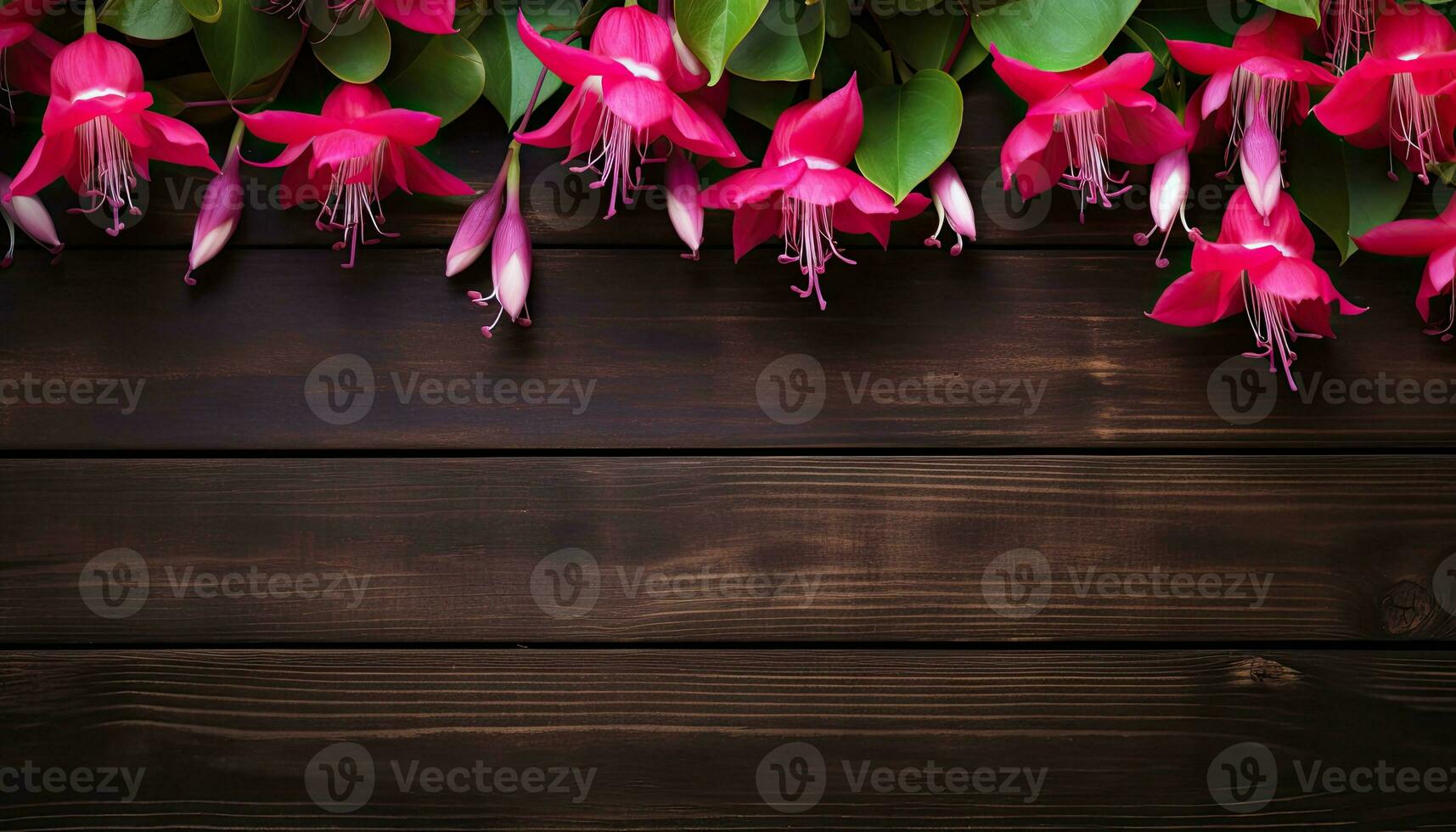 Fuchsia flowers on wooden background. Top view with copy space. AI Generated. photo