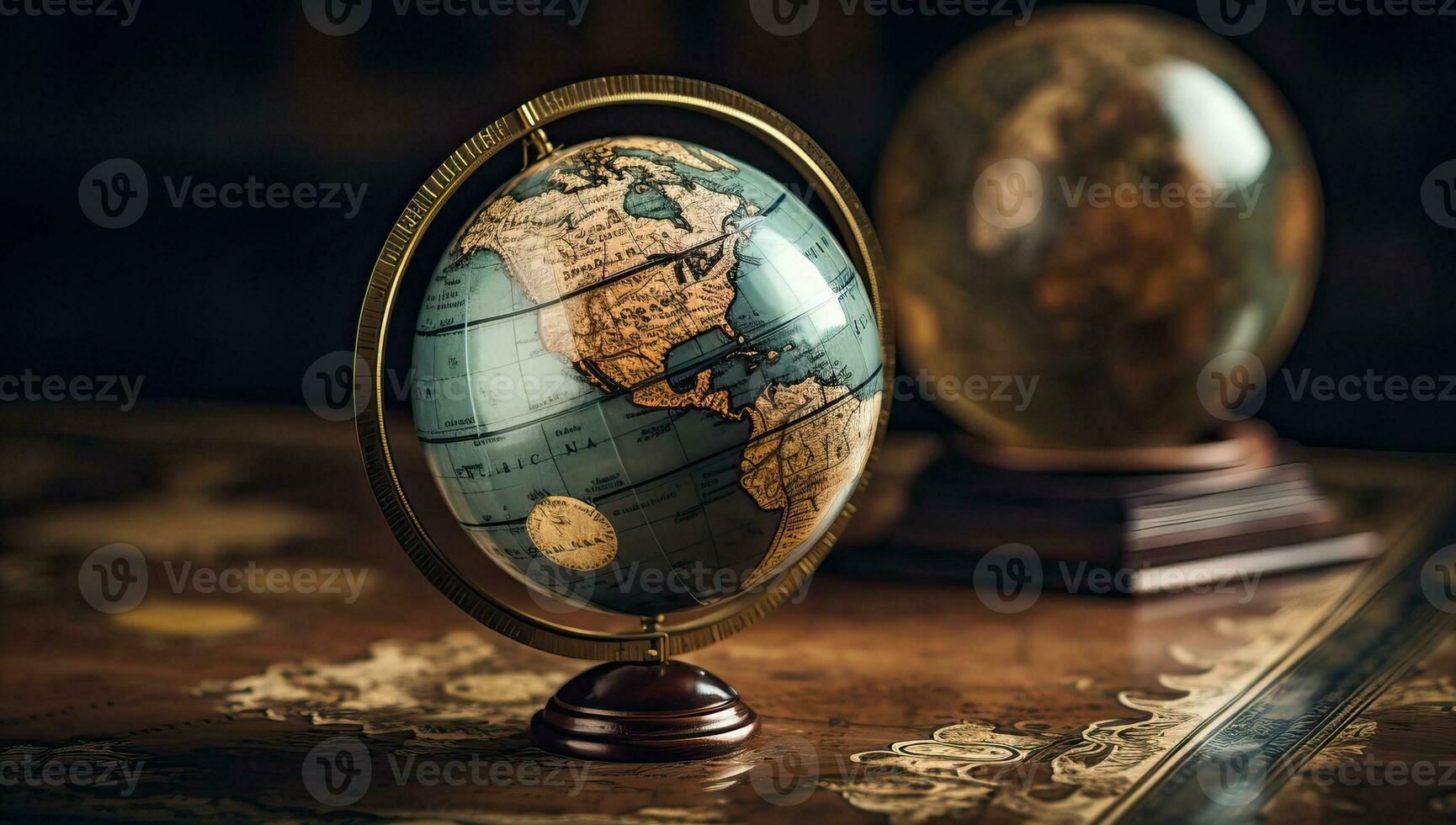 Globe and books on the old map. Vintage style toned. AI Generated. photo