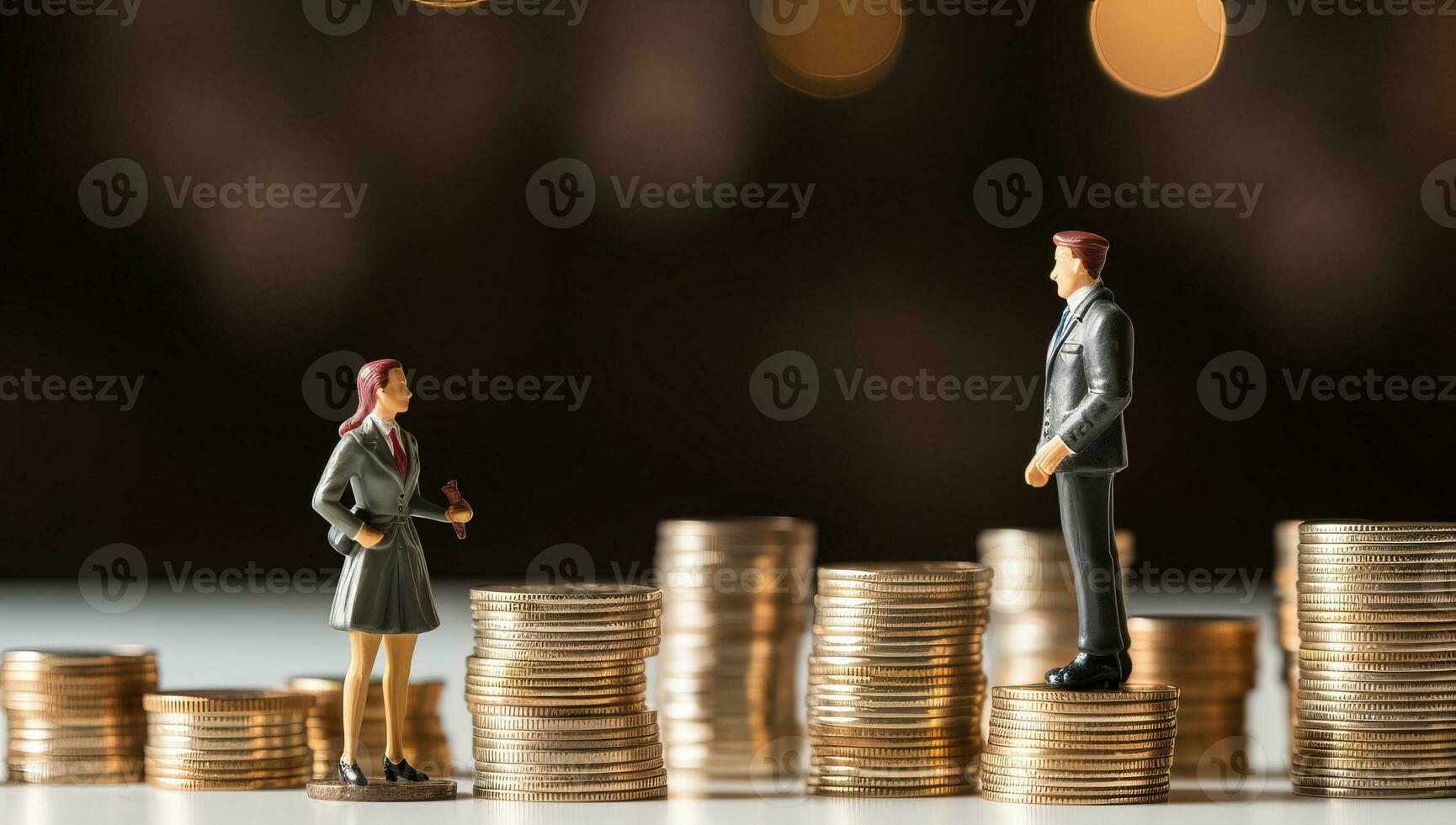 Miniature people-Businessman and businesswoman standing on coins stack with bokeh background. AI Generated. photo