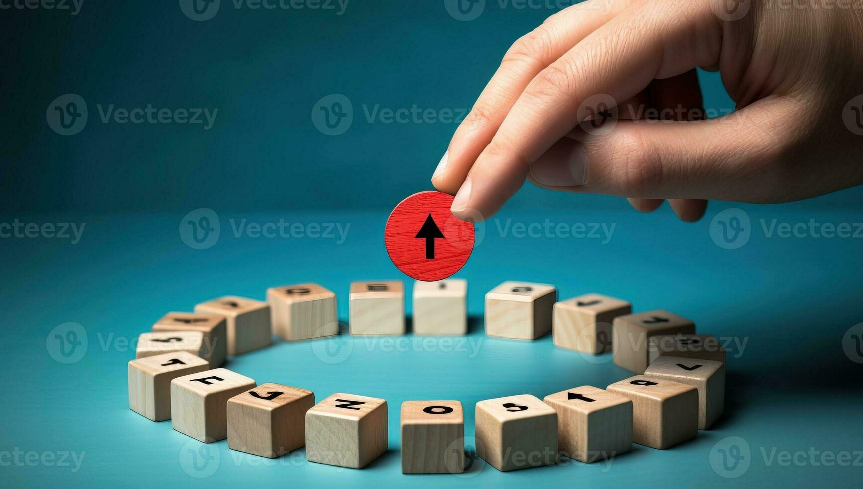 Conceptual image of a hand turning wooden cubes with an arrow pointing upwards. AI Generated. photo
