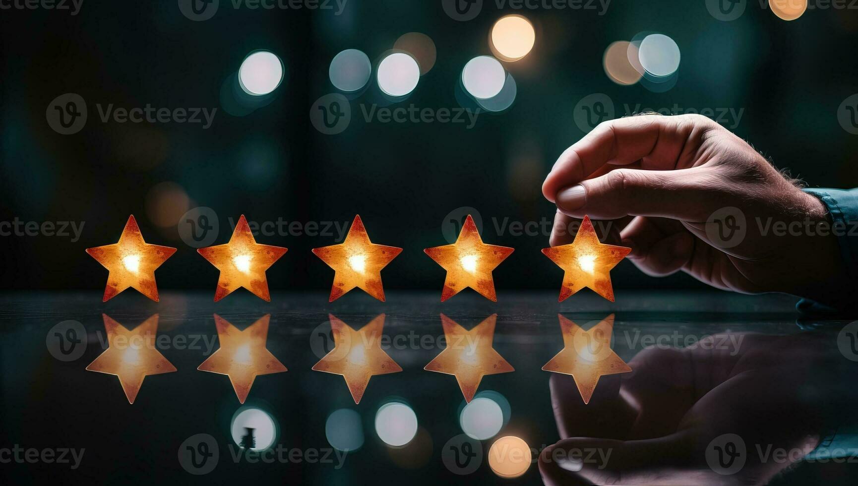 Customer reviews concept. Businessman hand touching five star rating on dark background. AI Generated. photo