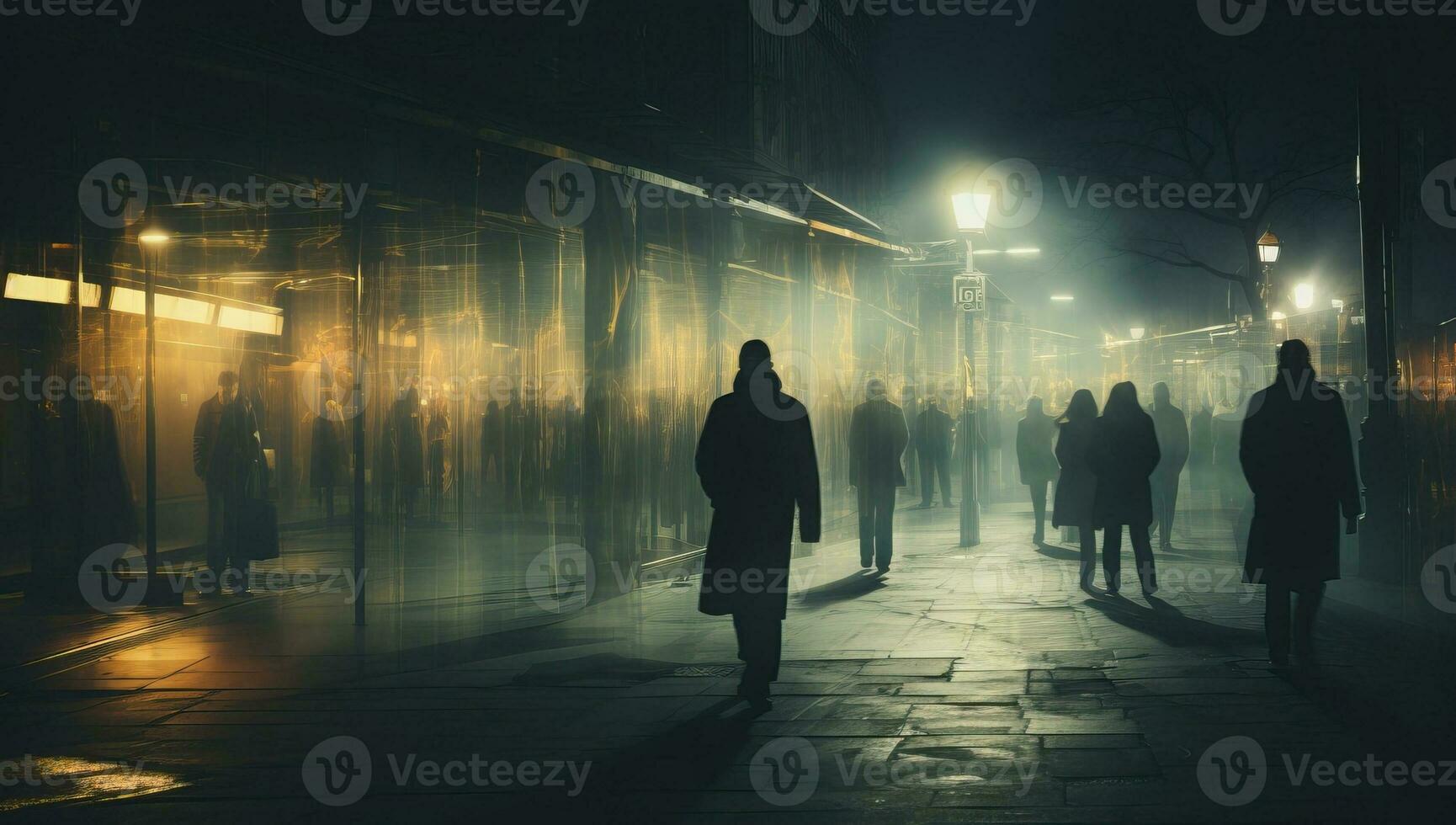 Silhouettes of people walking on the street at night in the fog. AI Generated. photo