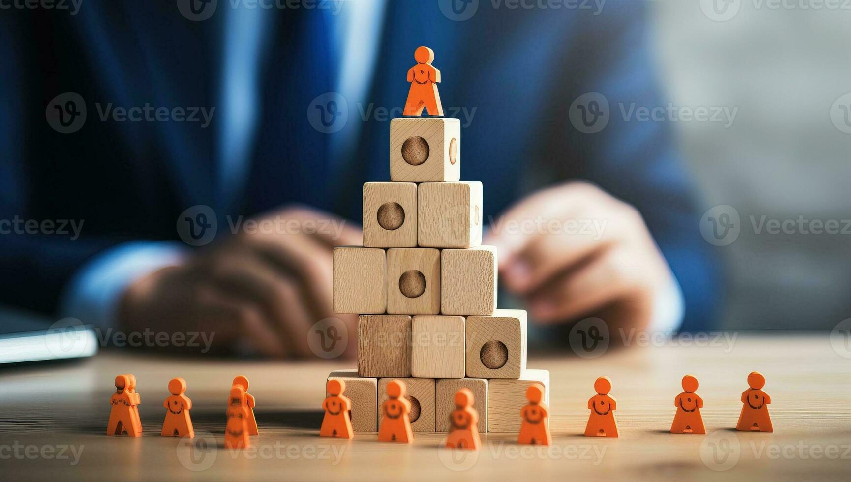 Businessman making pyramid of wooden cubes with people figures. Teamwork concept. AI Generated. photo