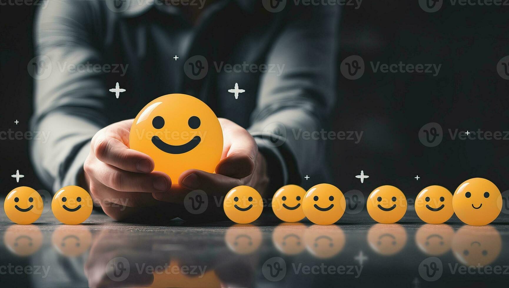 empresario participación amarillo sonriente cara emoticono positivo realimentación y cliente satisfacción concepto. ai generado. foto