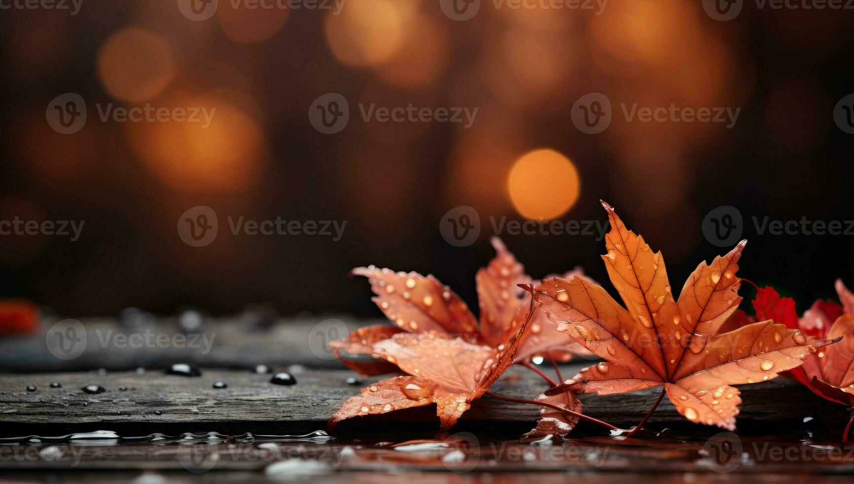 Autumn maple leaves with water drops and bokeh background. AI Generated. photo