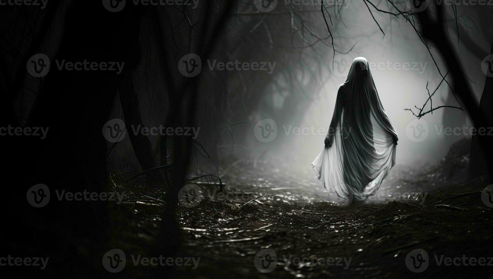 Scary ghost in the dark forest. Halloween concept. AI Generated. photo