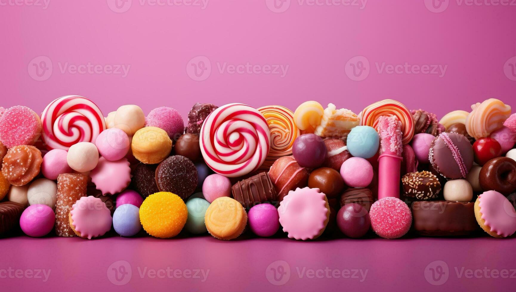 Variety of delicious candies on pink background. Top view. AI Generated. photo