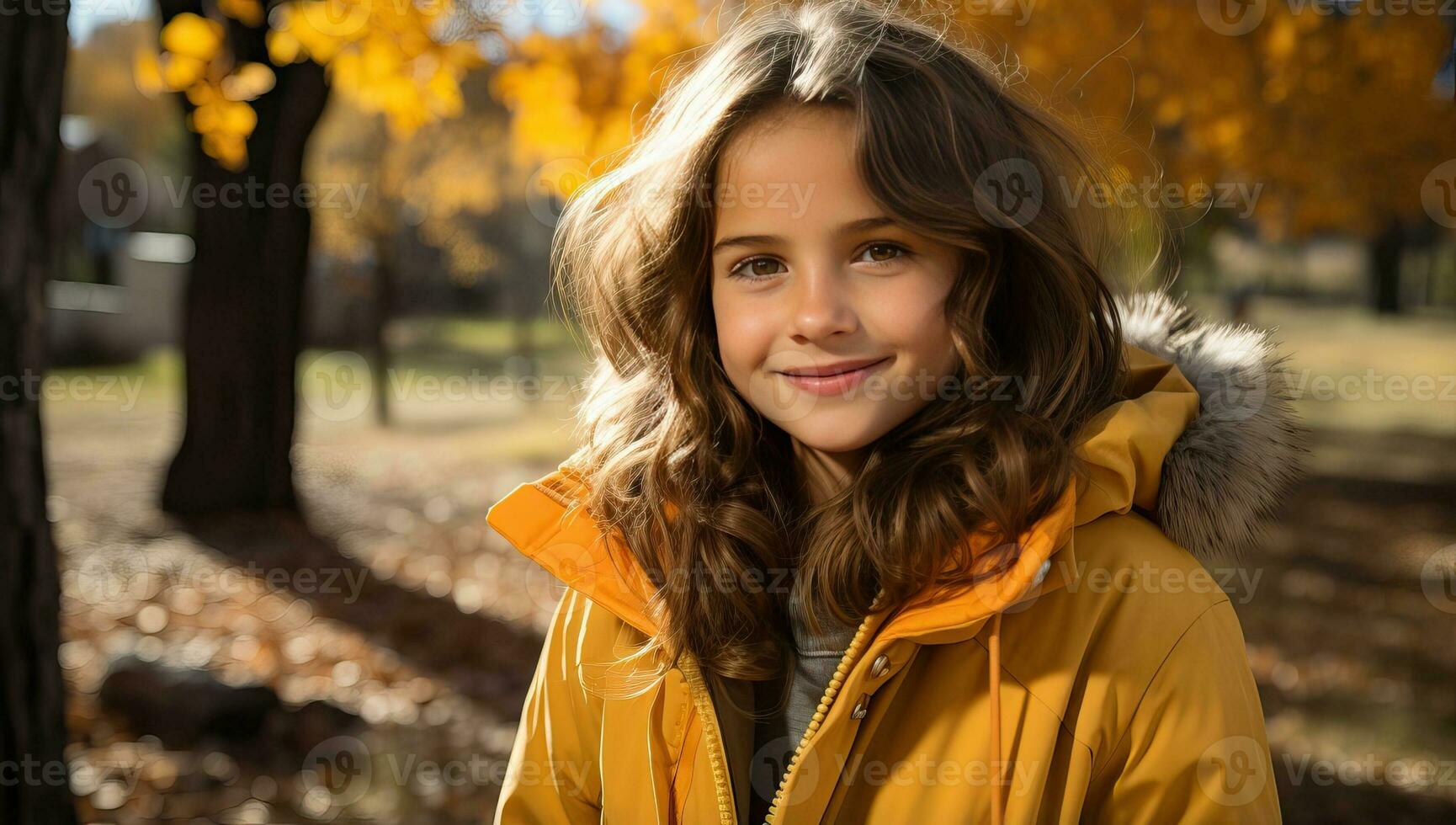 retrato de un hermosa joven niña en un amarillo chaqueta en el otoño parque. ai generado. foto