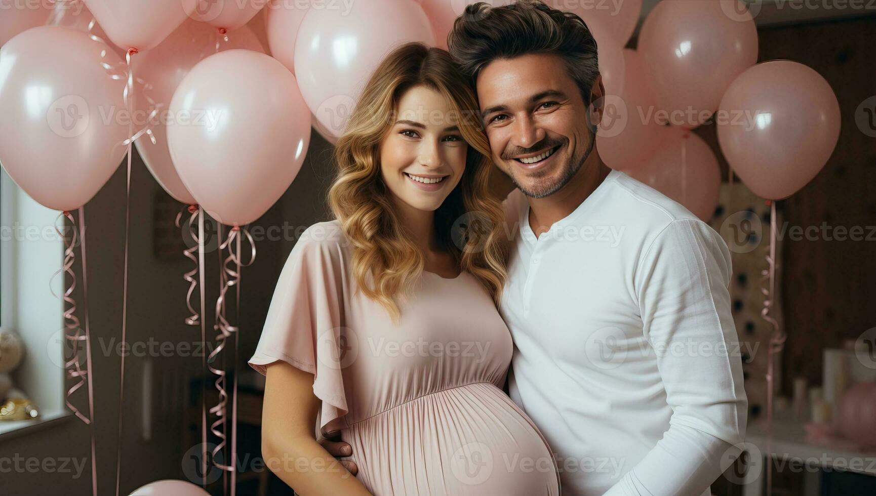 beautiful pregnant couple looking at camera and smiling at camera in decorated room. AI Generated. photo