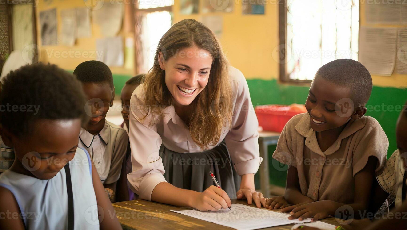 Portrait of smiling teacher and pupils writing notes in classroom at school. AI Generated. photo