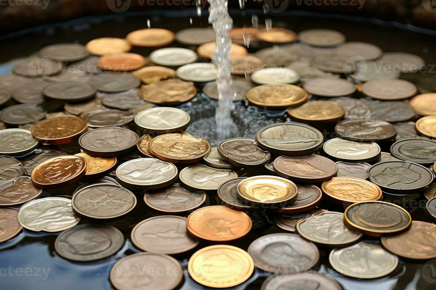 Falling coins in a water fountain. Selective focus on coins. AI Generated. photo