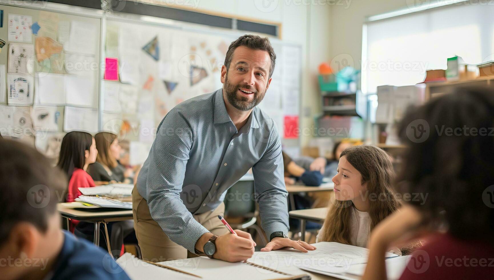 Portrait of a teacher and his students in a classroom at school. AI Generated. photo