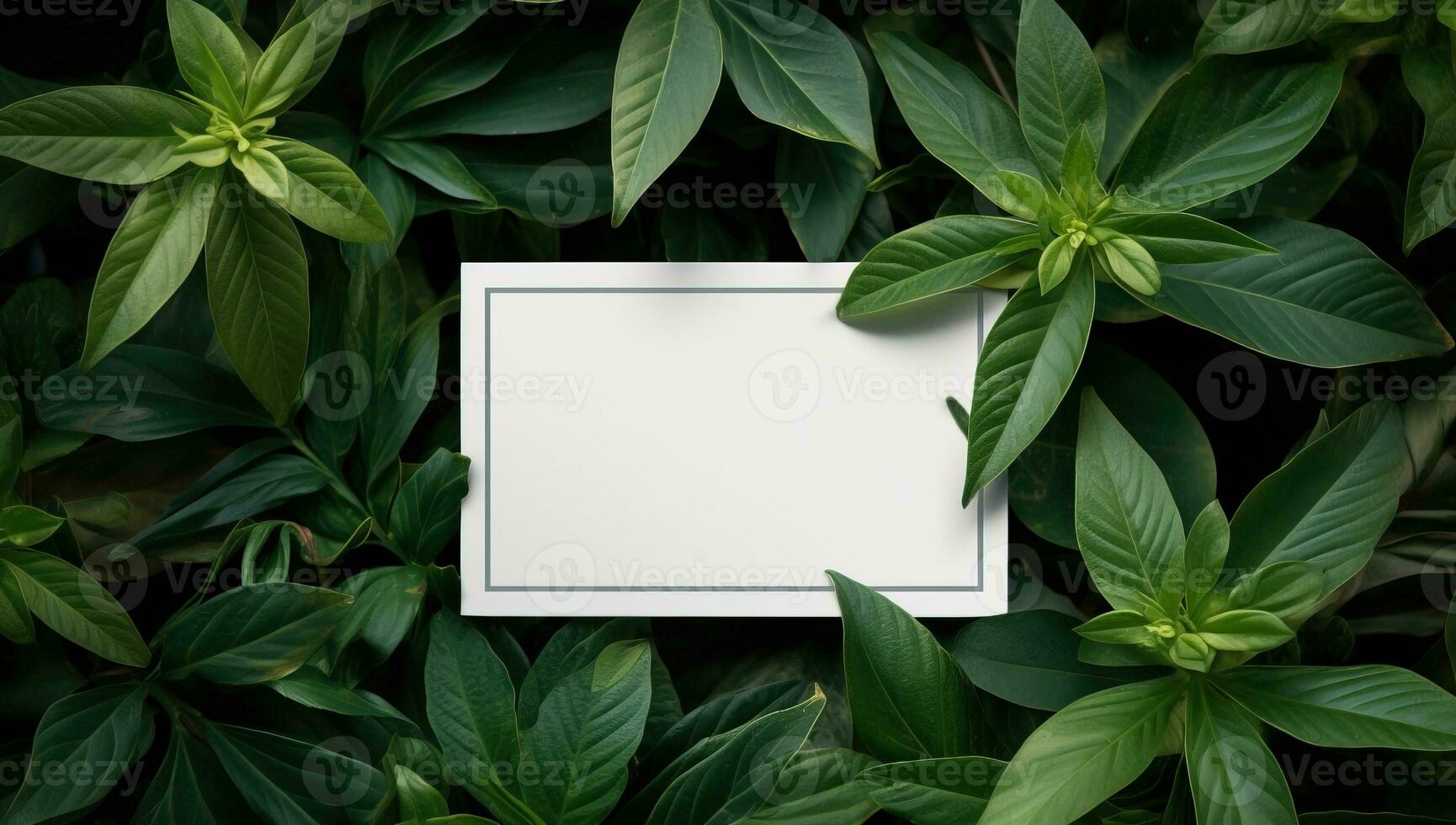 Creative layout made of green leaves with blank card. Flat lay. Nature concept. AI Generated. photo