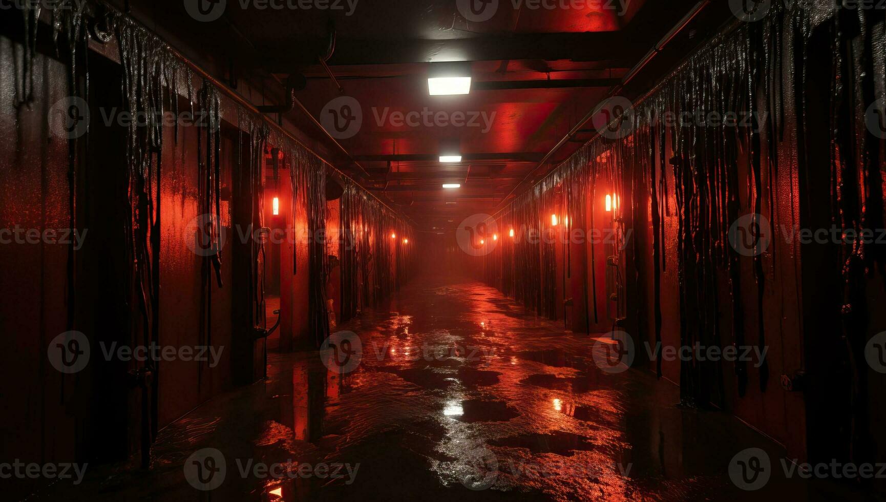 interior de un oscuro corredor con luces y niebla. ai generado. foto