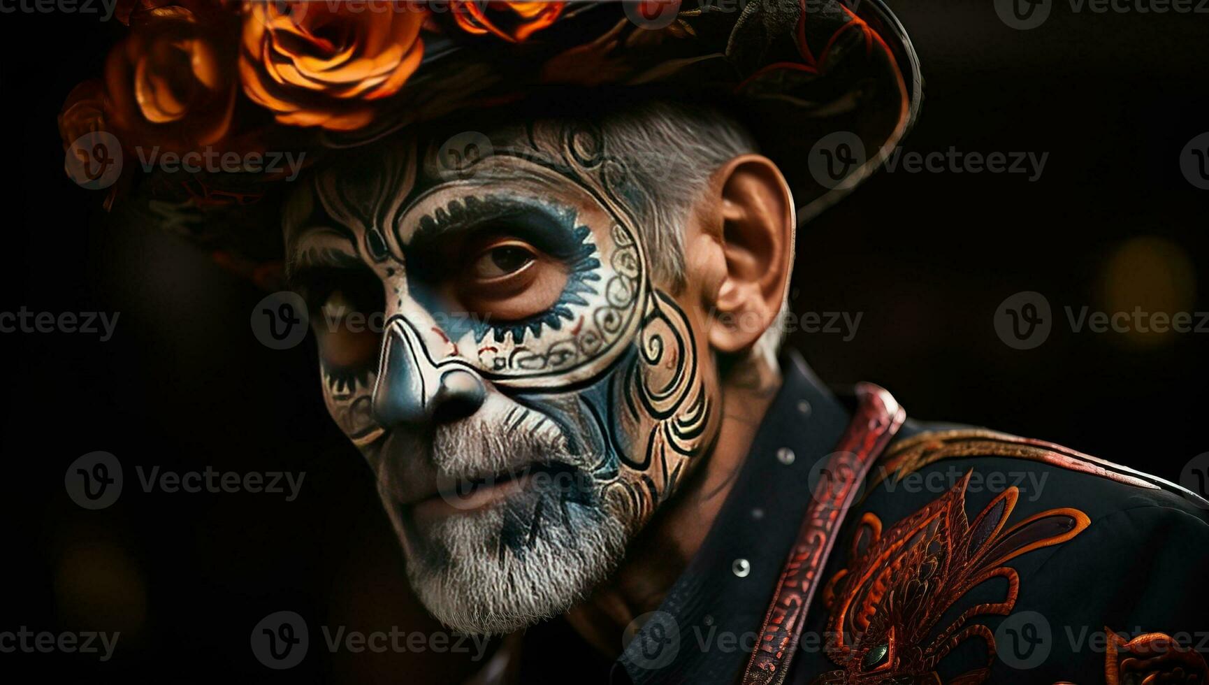 Close-up portrait of a man with sugar skull make-up. AI Generated. photo