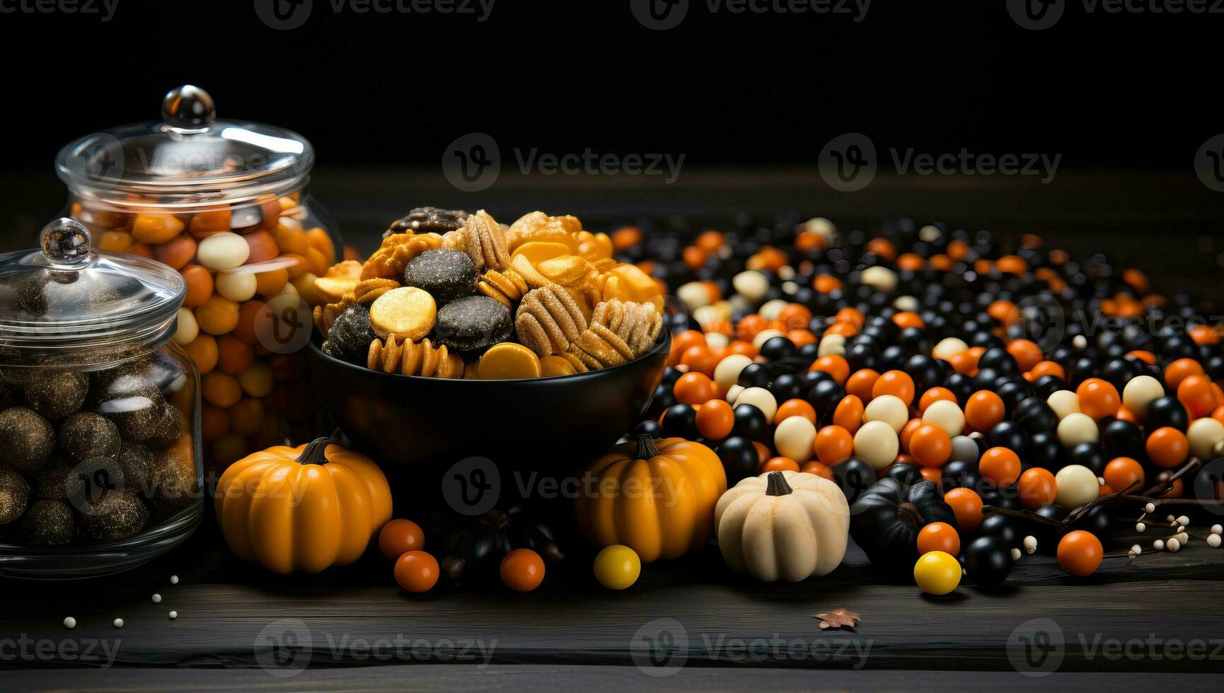 Assortment of candies in black bowl on wooden table. Halloween background. AI Generated. photo