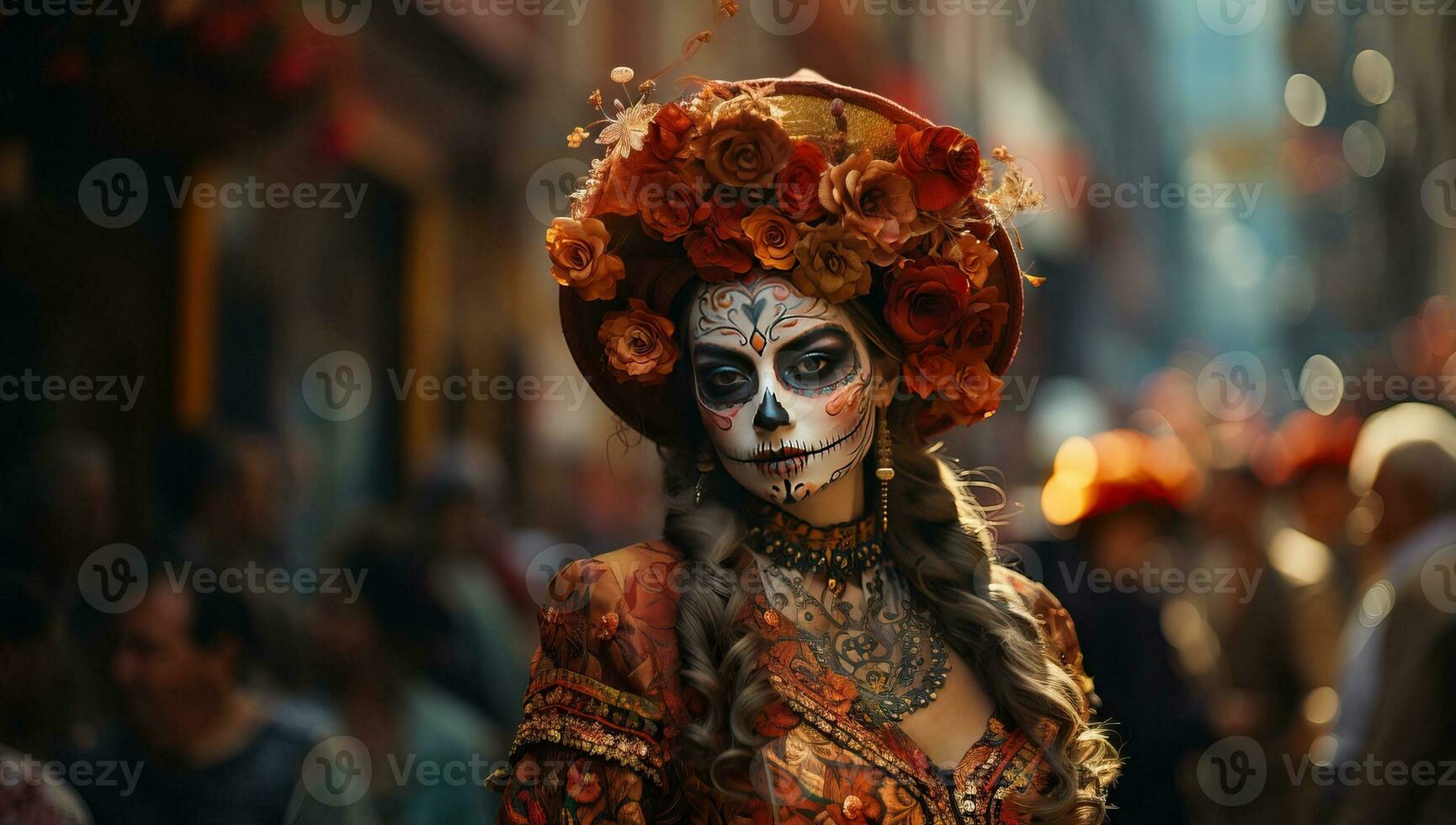 azúcar cráneo mujer en tradicional disfraz a el carnaval de día de el muerto. ai generado. foto