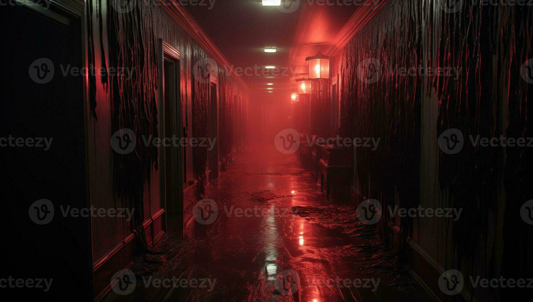 Dark corridor with red lights and fog. Horror Halloween concept. AI Generated. photo