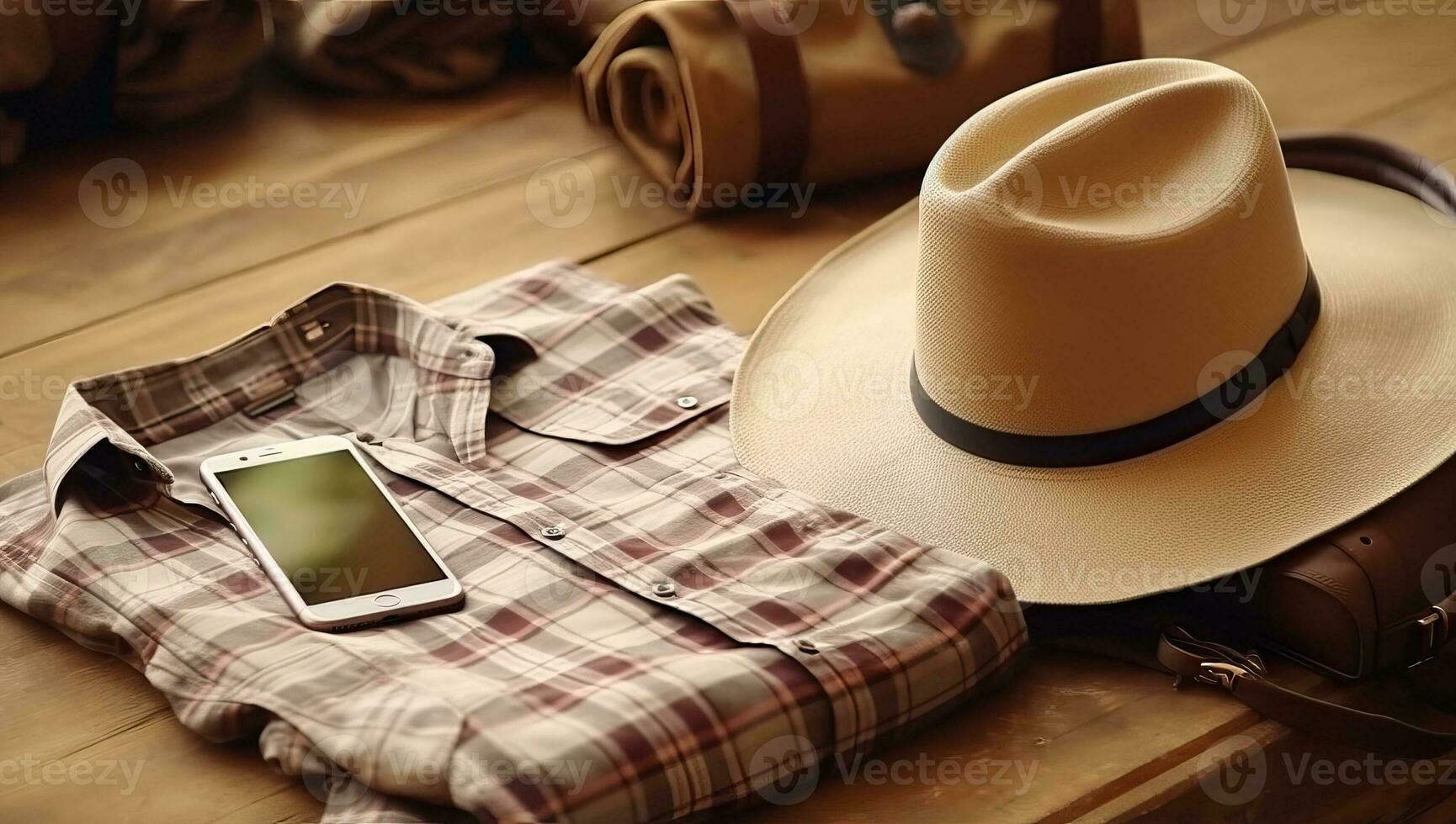 Set of clothes, hat and mobile phone on a wooden background. AI Generated. photo