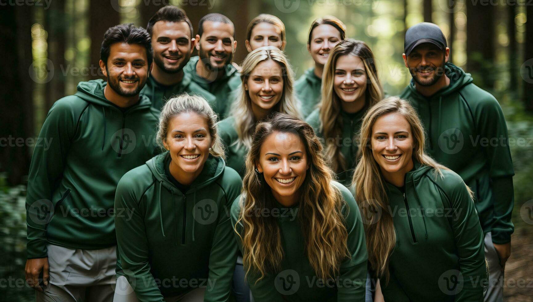 grupo de amigos sonriente y mirando a el cámara en el bosque. ai generado. foto