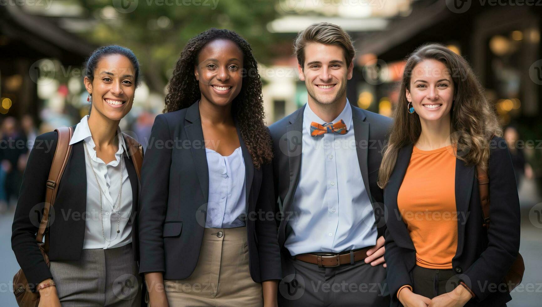 Portrait of smiling business people standing in the street. AI Generated. photo