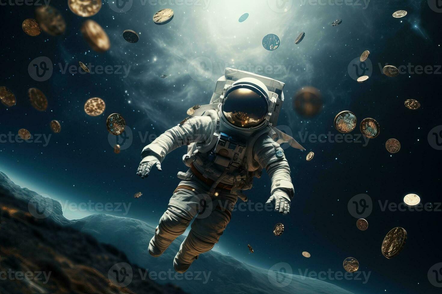 Astronaut floating on the surface of the planet. AI Generated. photo