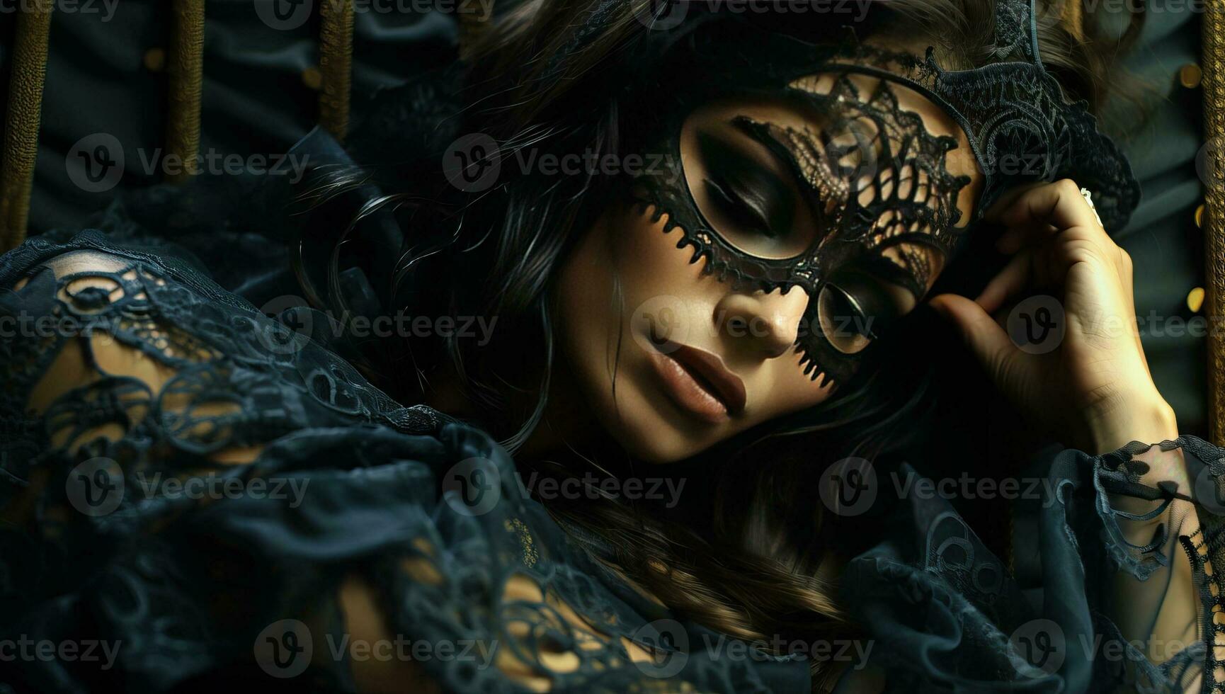 Portrait of a beautiful woman in black lace dress with mask. AI Generated. photo