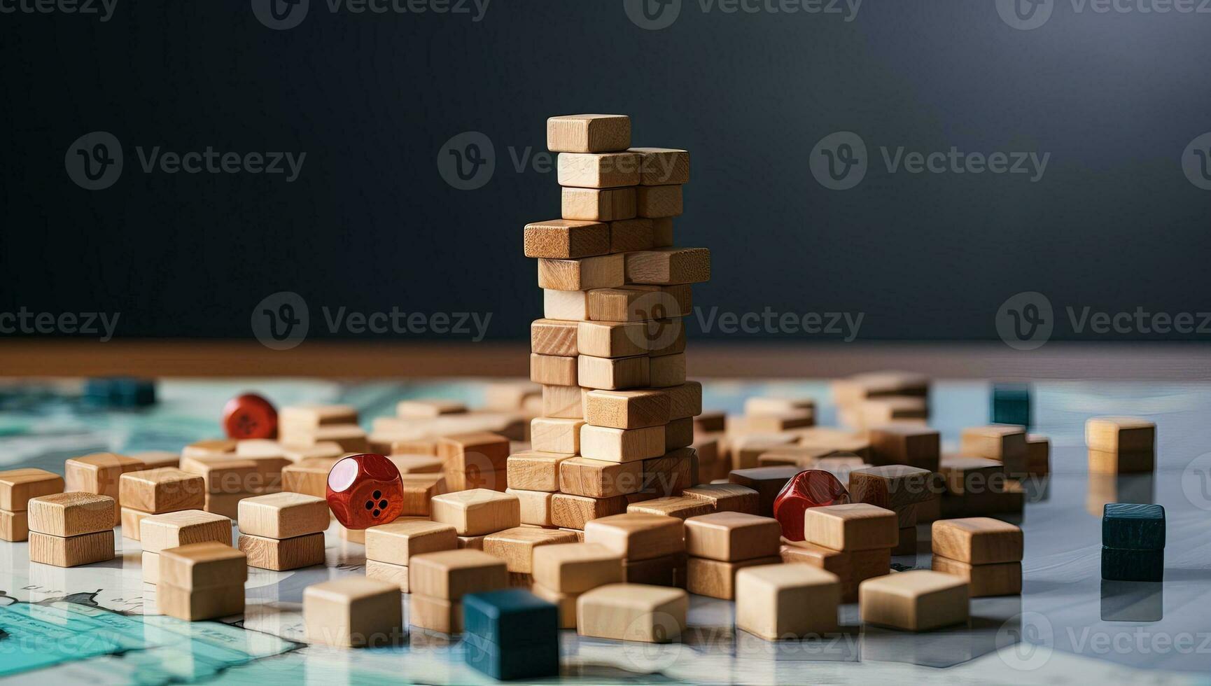 Wooden blocks stacked on top of each other on a table. AI Generated. photo