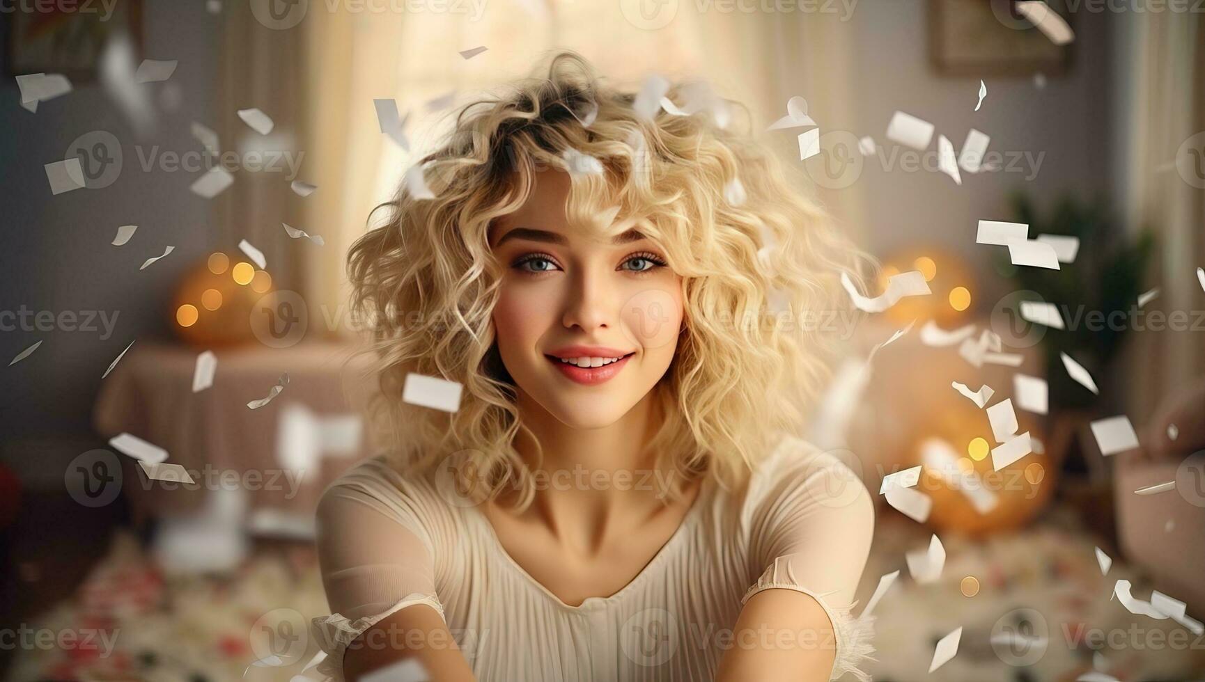 Beautiful young woman with flying paper confetti at home. Christmas and New Year concept. AI Generated. photo