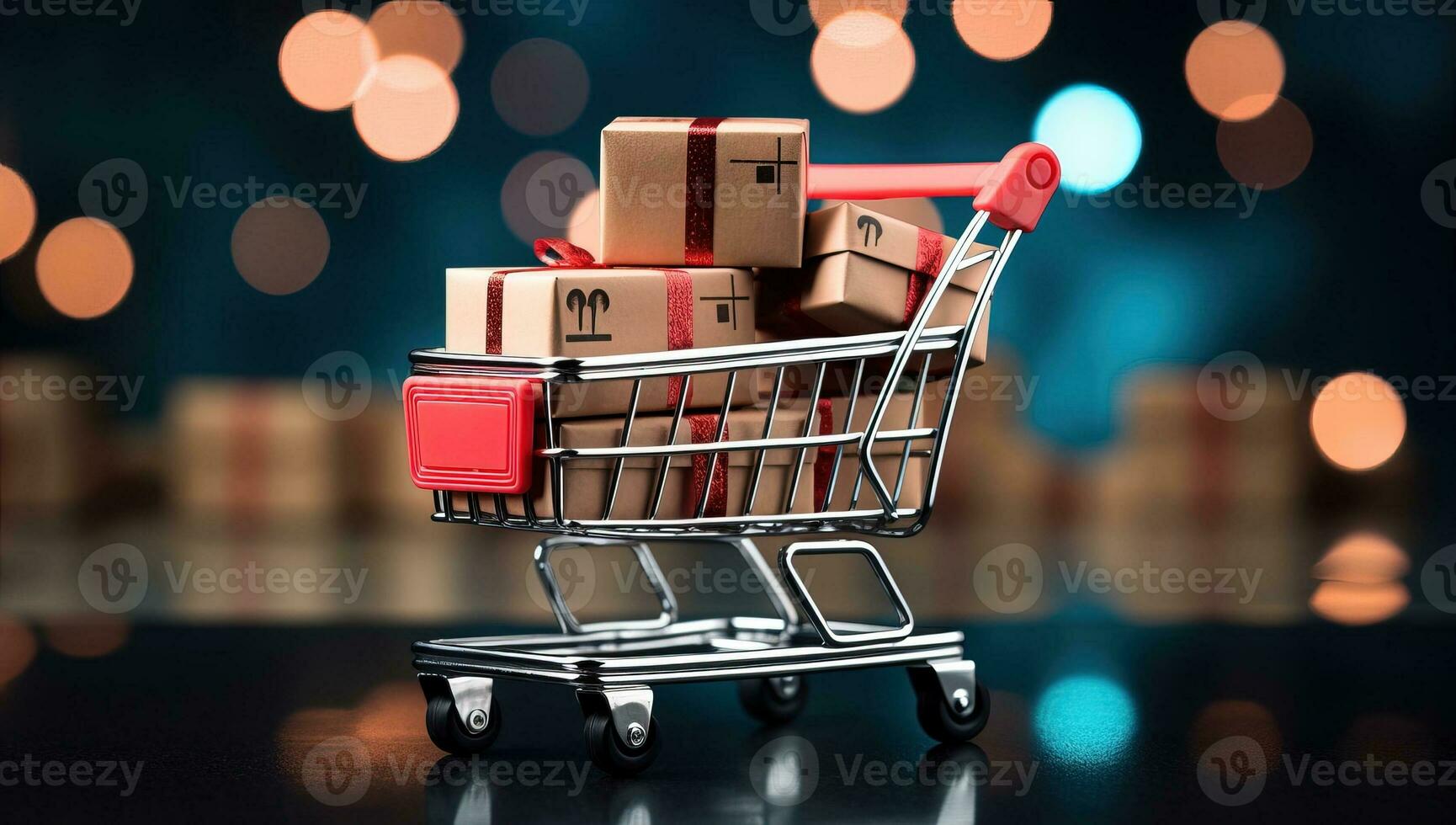Shopping cart with boxes on bokeh background, online shopping concept. AI Generated. photo