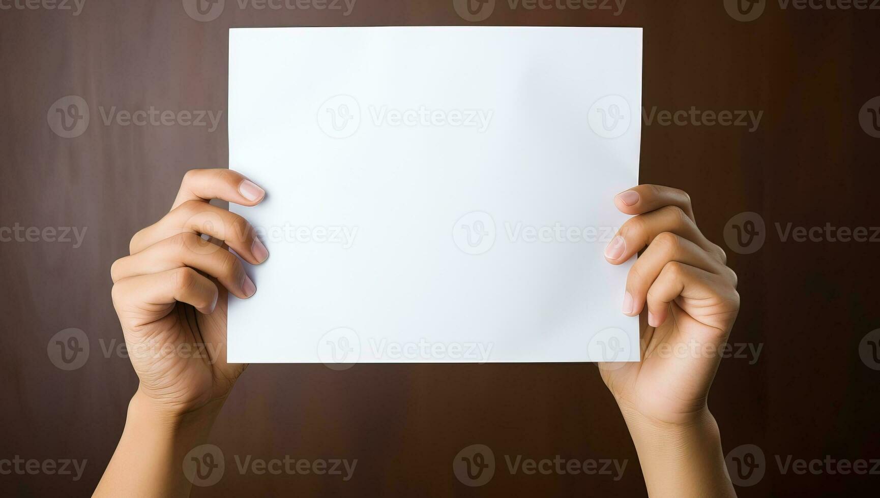 Hands holding a blank paper sheet with copy space on brown background. AI Generated. photo
