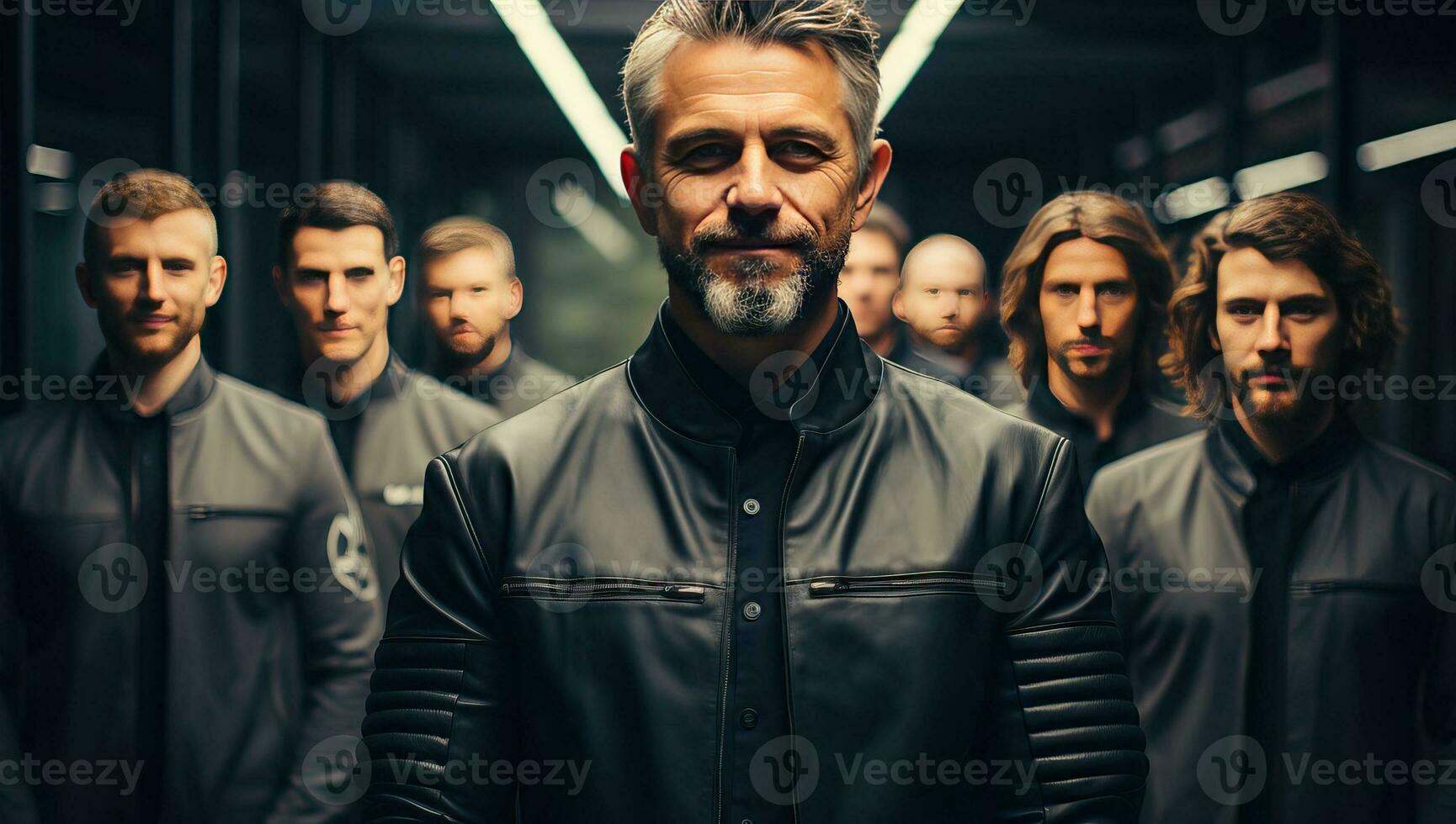 man with a beard and mustache in a black leather jacket standing in front of a group of men. AI Generated. photo