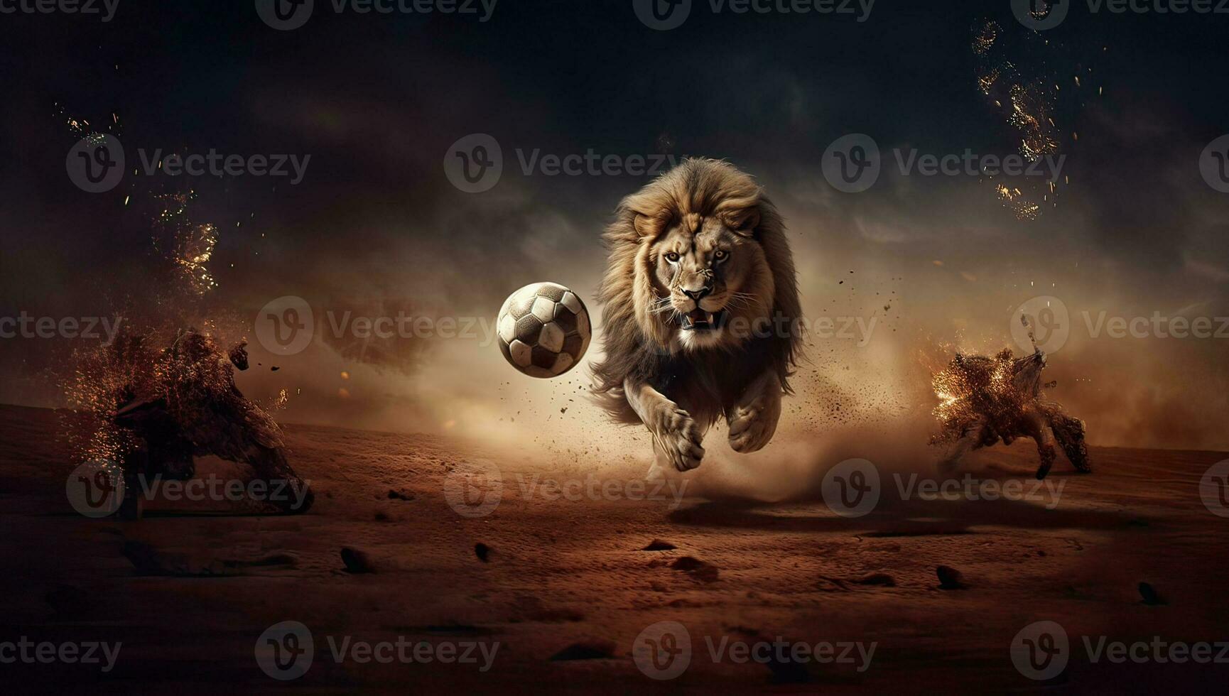 Big male lion with soccer ball running in the sky. AI Generated. photo