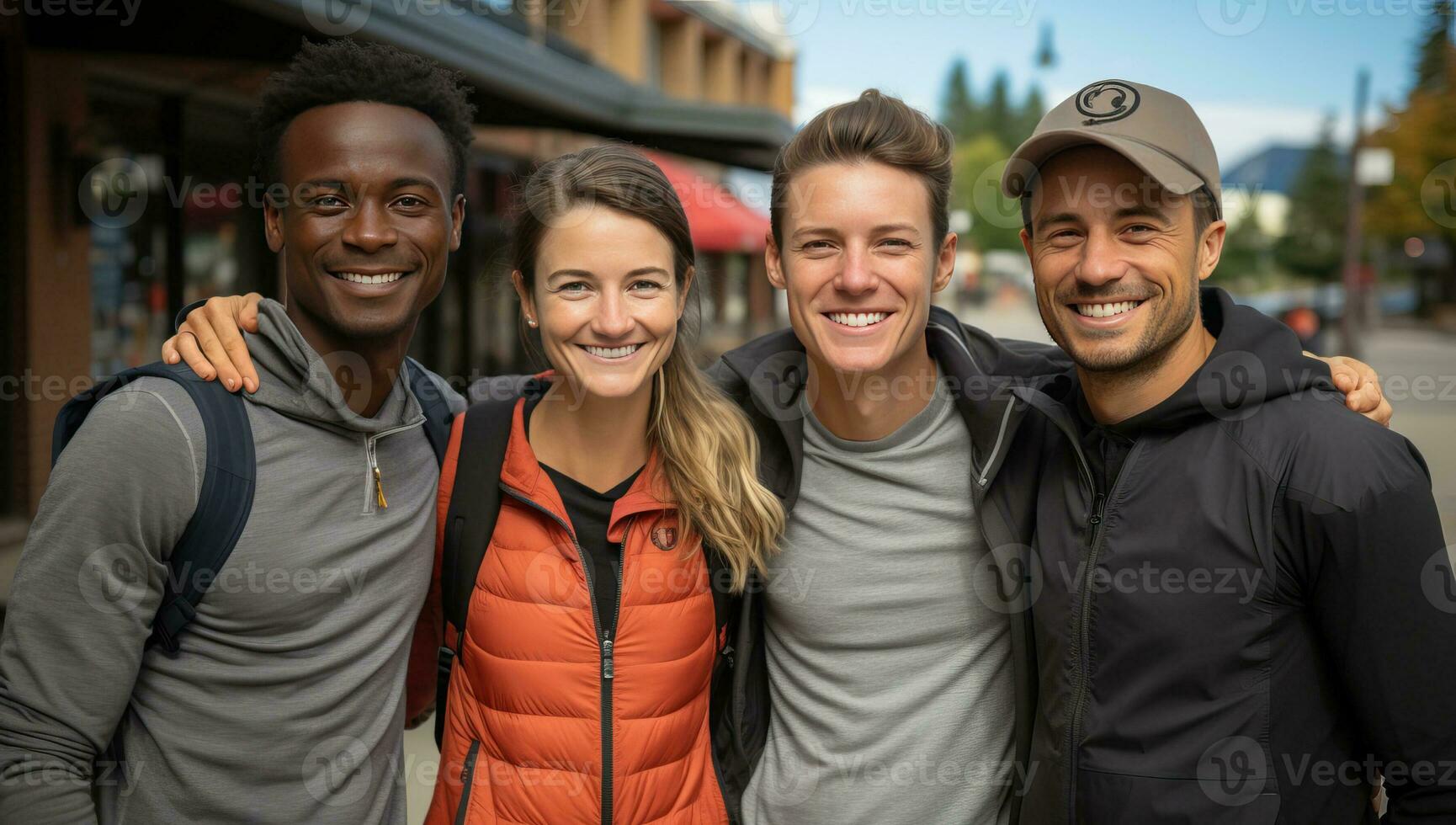 Portrait of a group of smiling friends standing in the street. AI Generated. photo