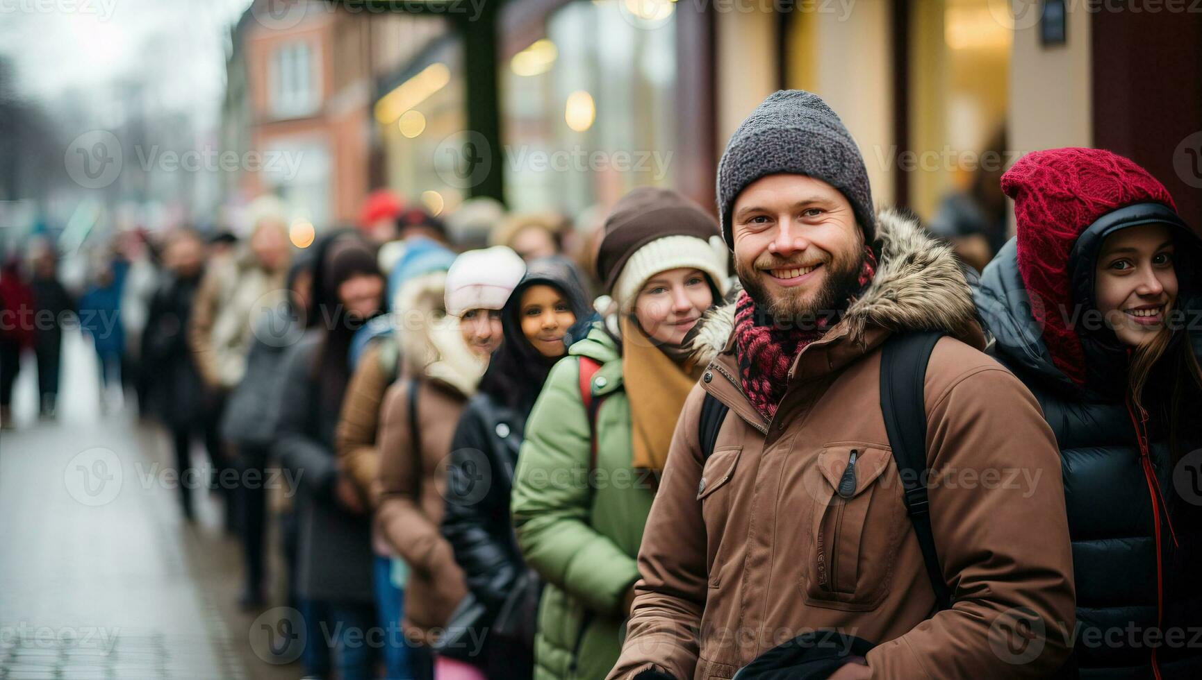 Crowds of people are lining up winter preparations. AI Generated. photo
