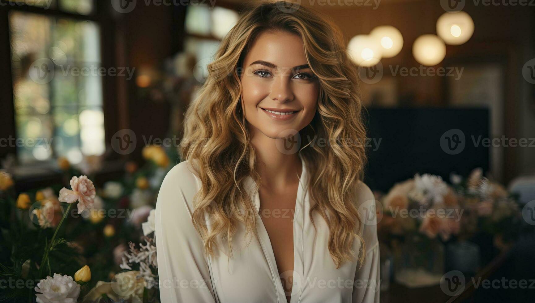 Portrait of a beautiful young woman with long wavy blond hair in a white shirt in a cafe. AI Generated. photo