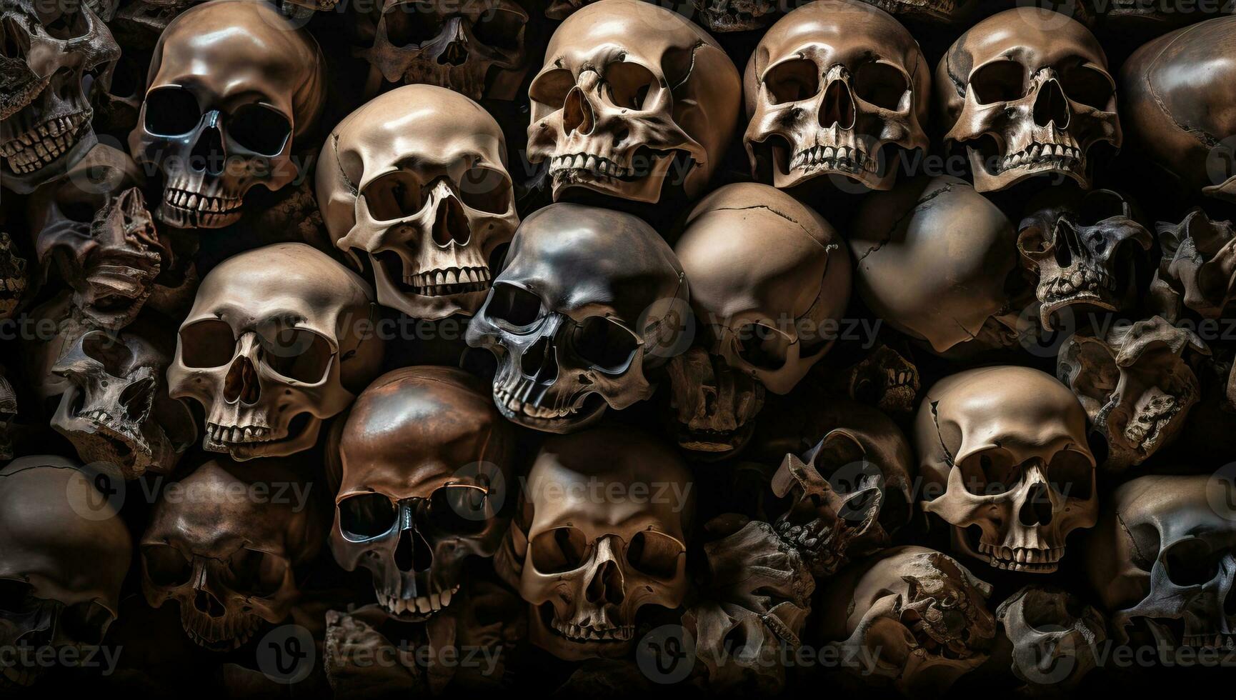 Skulls and bones on black background. Halloween background. AI Generated. photo