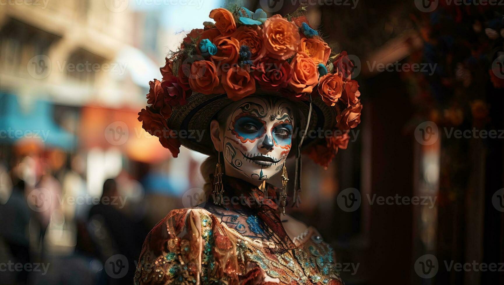 Unidentified participant on a carnival of the Day of the Dead in Oaxaca, Mexico. The Day of the Dead is one of the most popular holidays in Mexico. AI Generated. photo