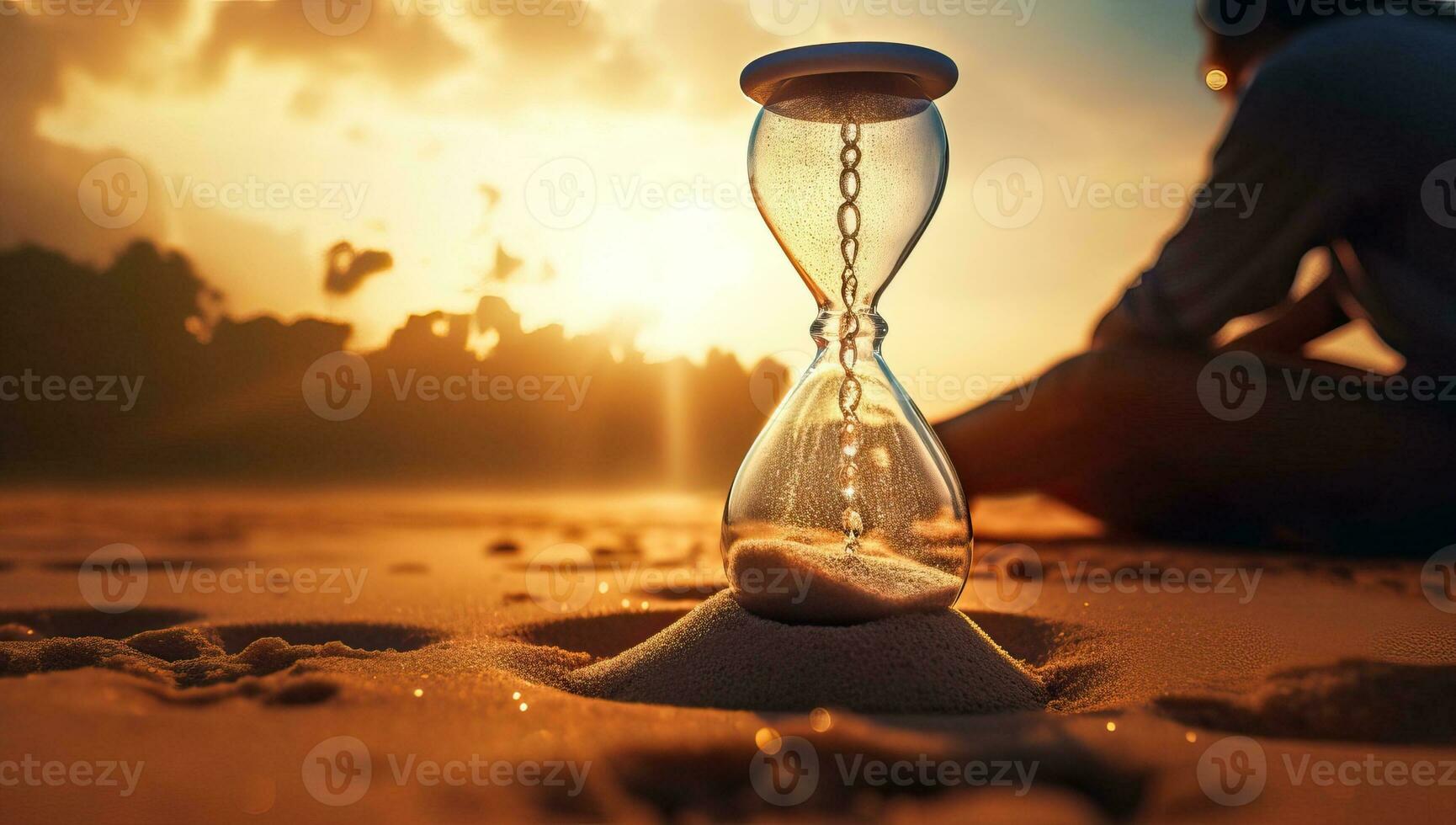 Woman sitting on the sand and looking at the hourglass. Time concept. AI Generated. photo