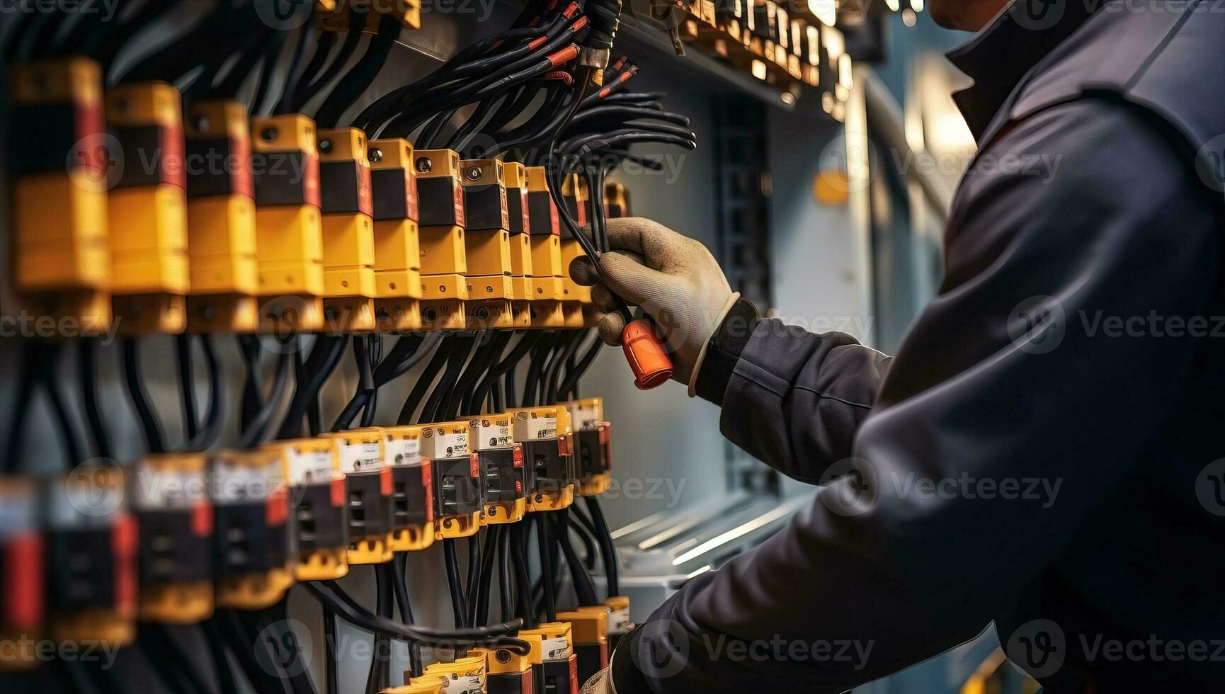 Electrical engineer working in fuse box. AI Generated. photo