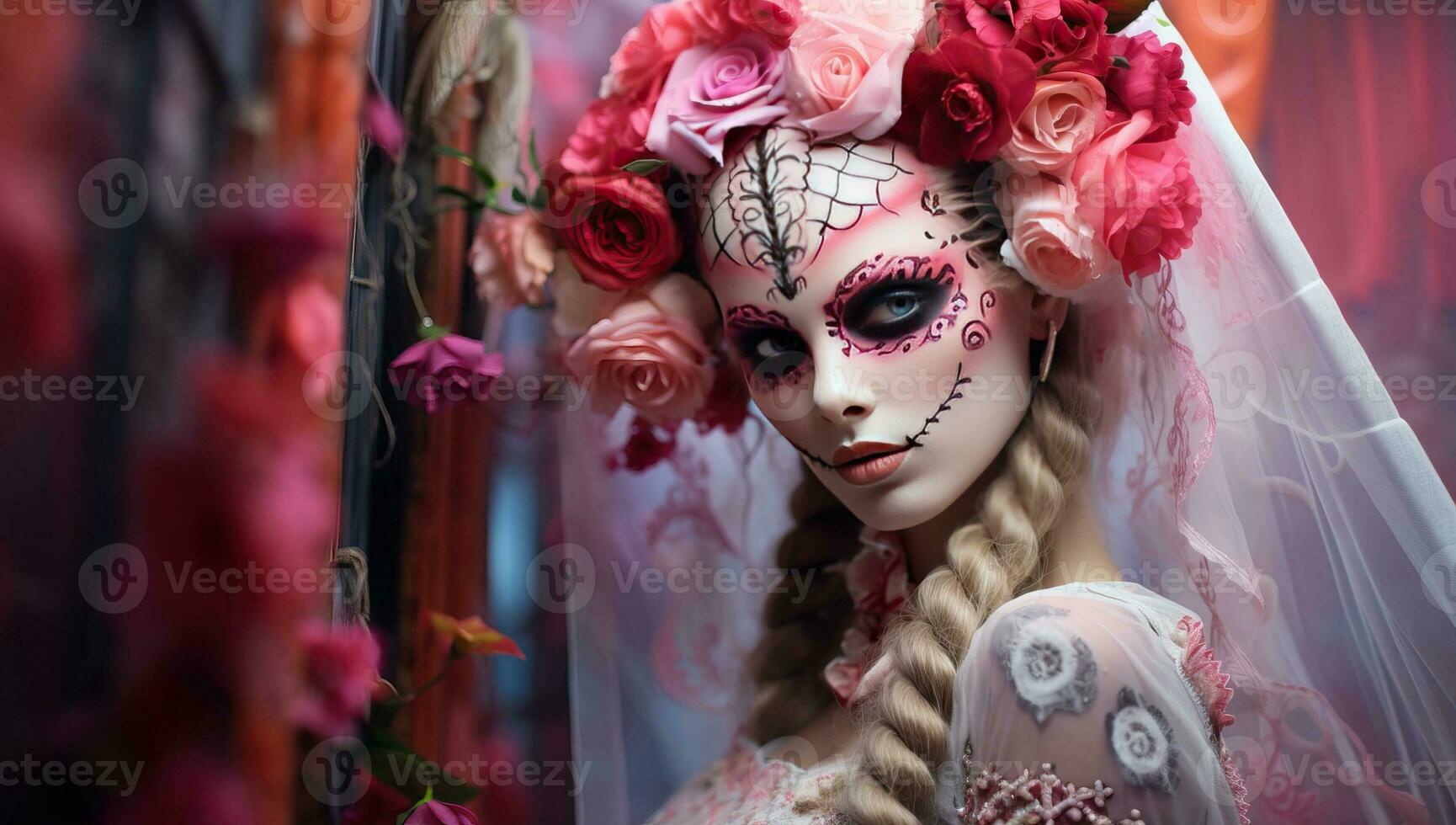 hermosa mujer con azúcar cráneo maquillaje y flores en su cabello. ai generado. foto